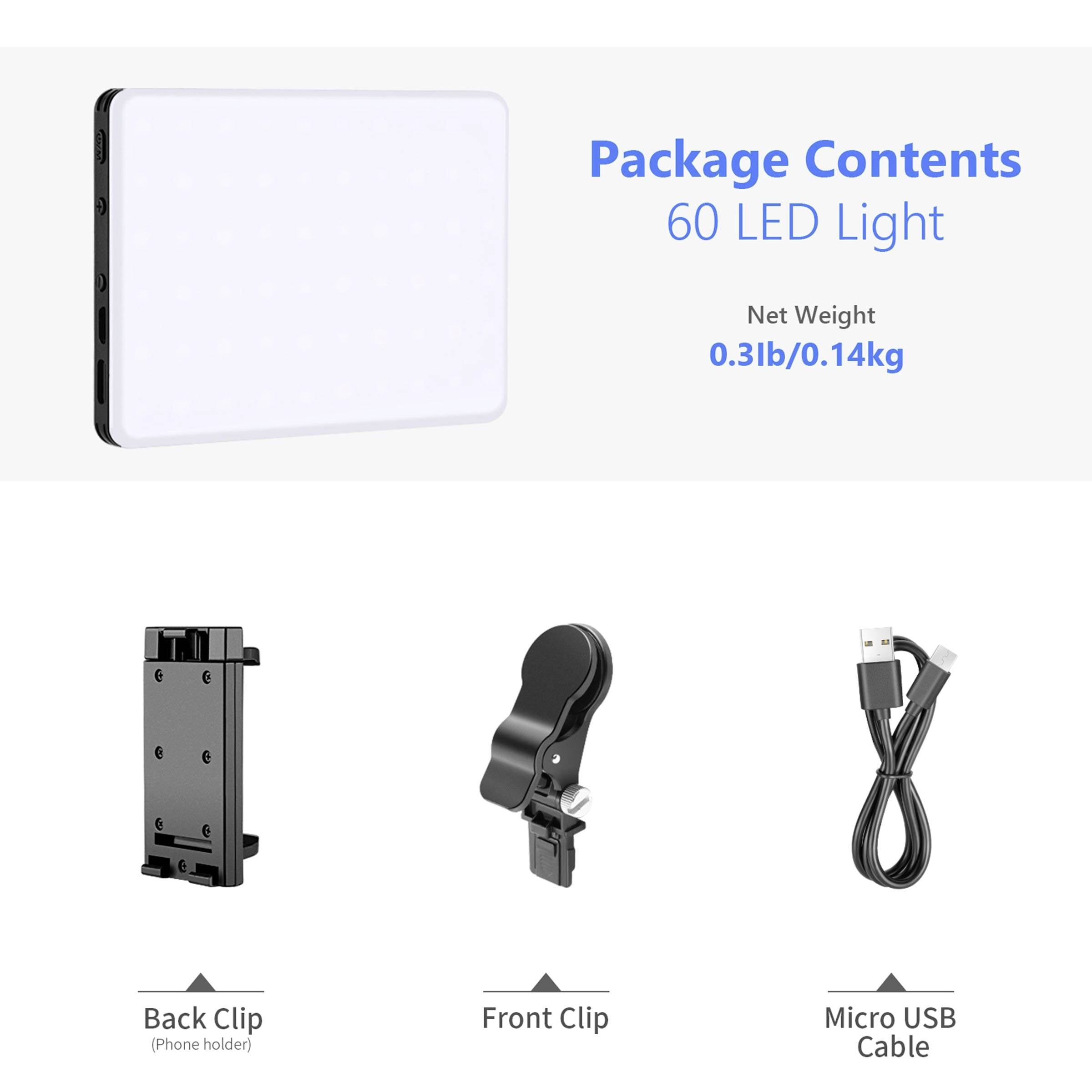 Obsah balení: 60 LED světel, hmotnost 0,14 kg, zadní klip (pro mobilní telefon), přední klip, mikro-USB kabel.