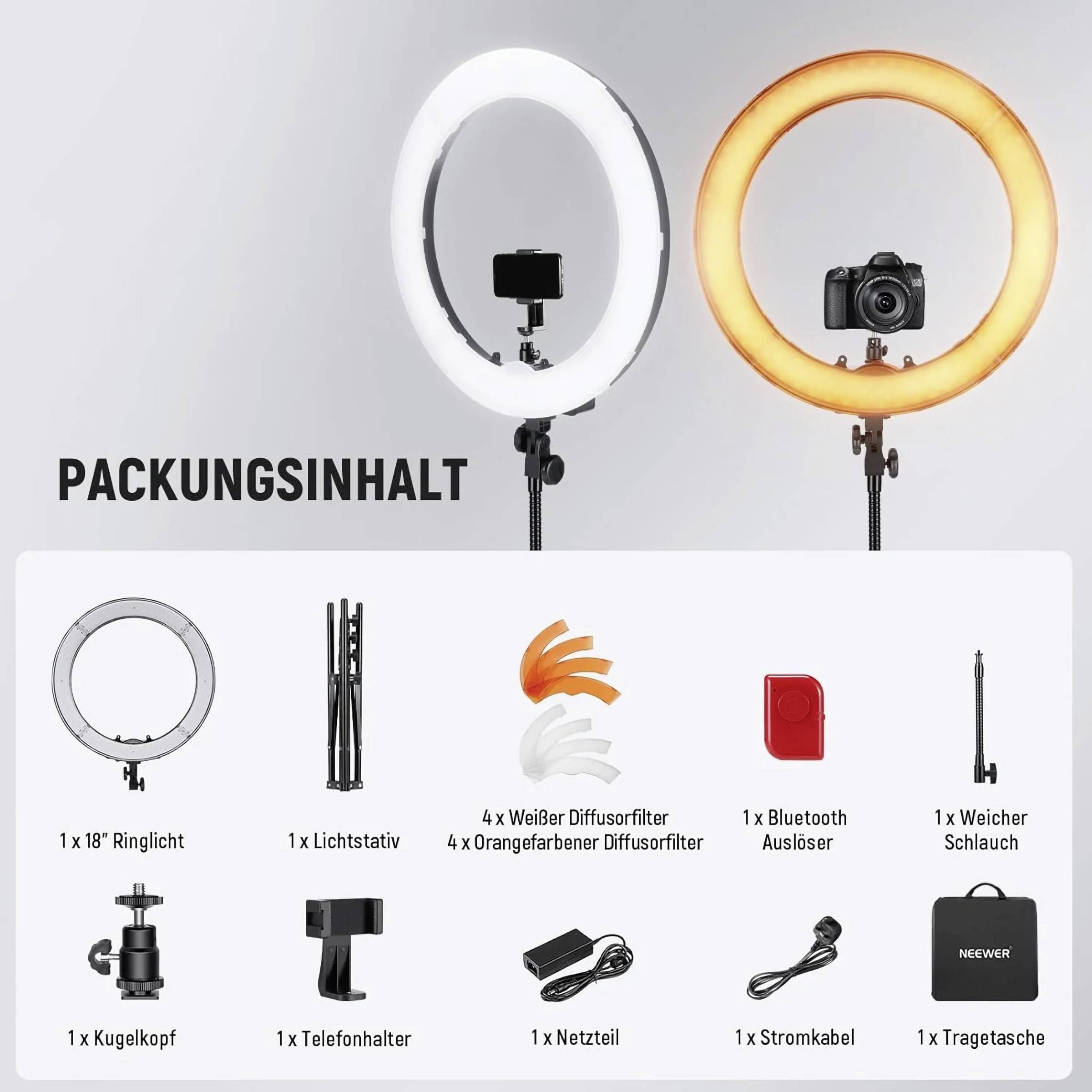 Obsah balení: 1x 18" prstencové světlo, 1x světelný stativ, 4x bílý difuzní filtr, 4x oranžový difuzní filtr, 1x bluetooth spoušť, 1x měkká hadice, 1x kulová hlava, 1x držák telefonu, 1x napájecí adaptér, 1x napájecí kabel, 1x přenosná taška.