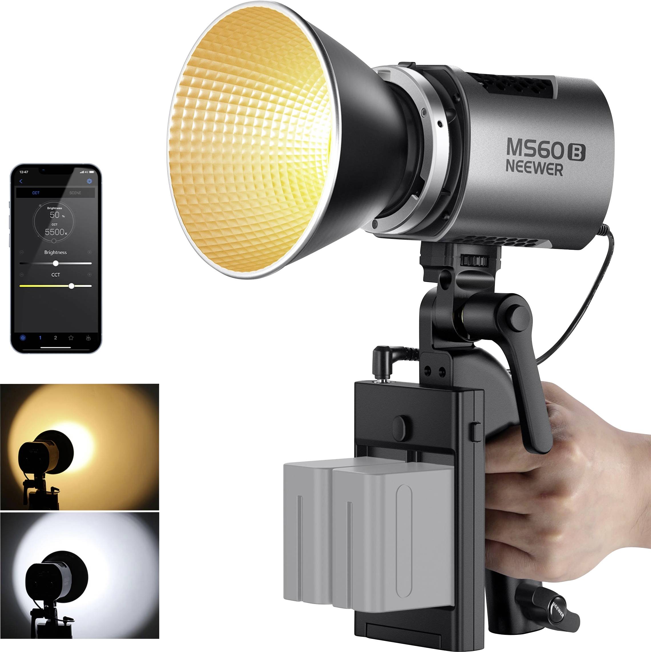 Přenosná fotolampička s nastavitelnou barevnou teplotou. Ukazuje ruku držící zařízení a aplikaci pro ovládání na smartphonu.