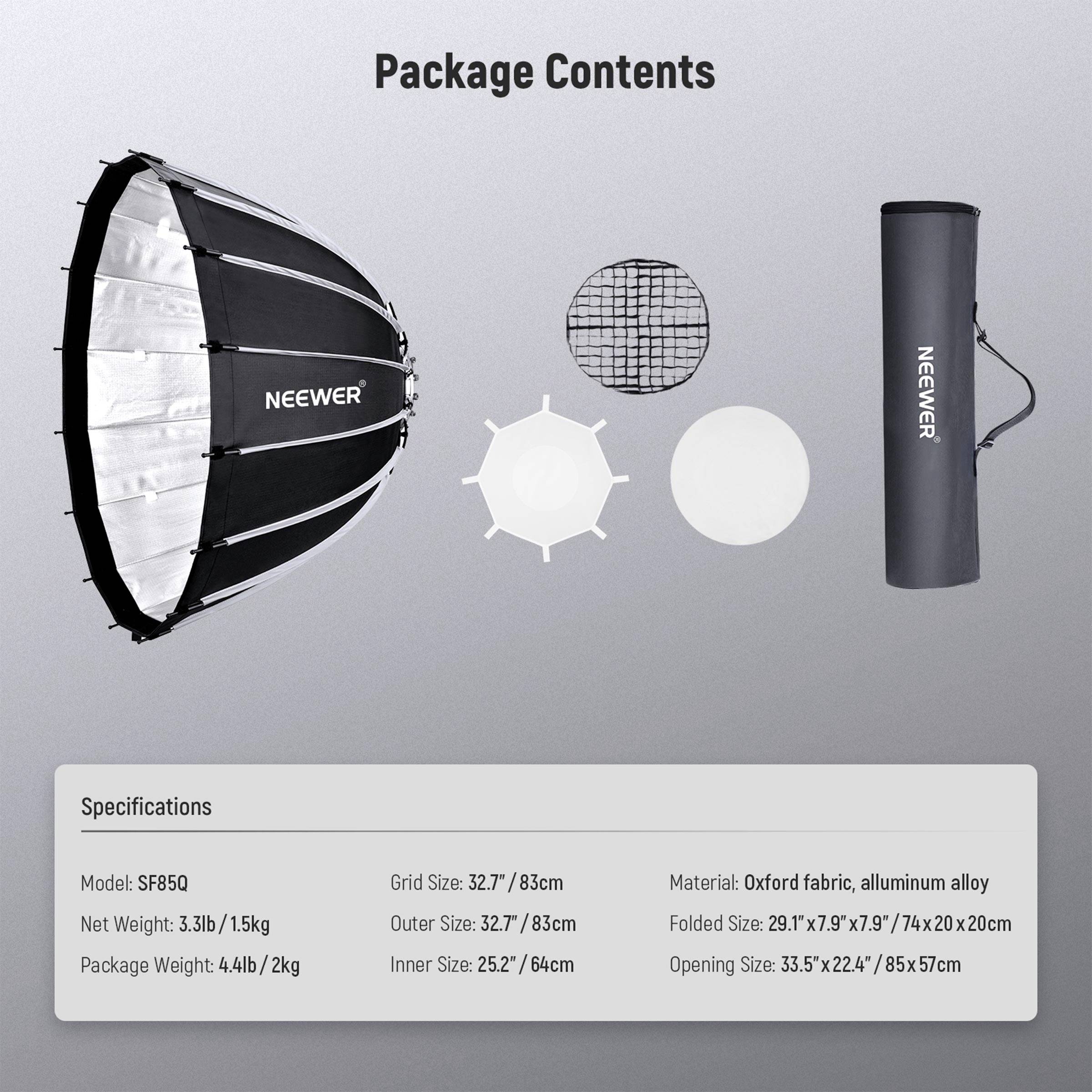 Obrázek znázorňuje obsah sady Neewer SF850 softboxu: softbox, mřížku, difuzéry a přenosnou tašku, včetně technických specifikací.