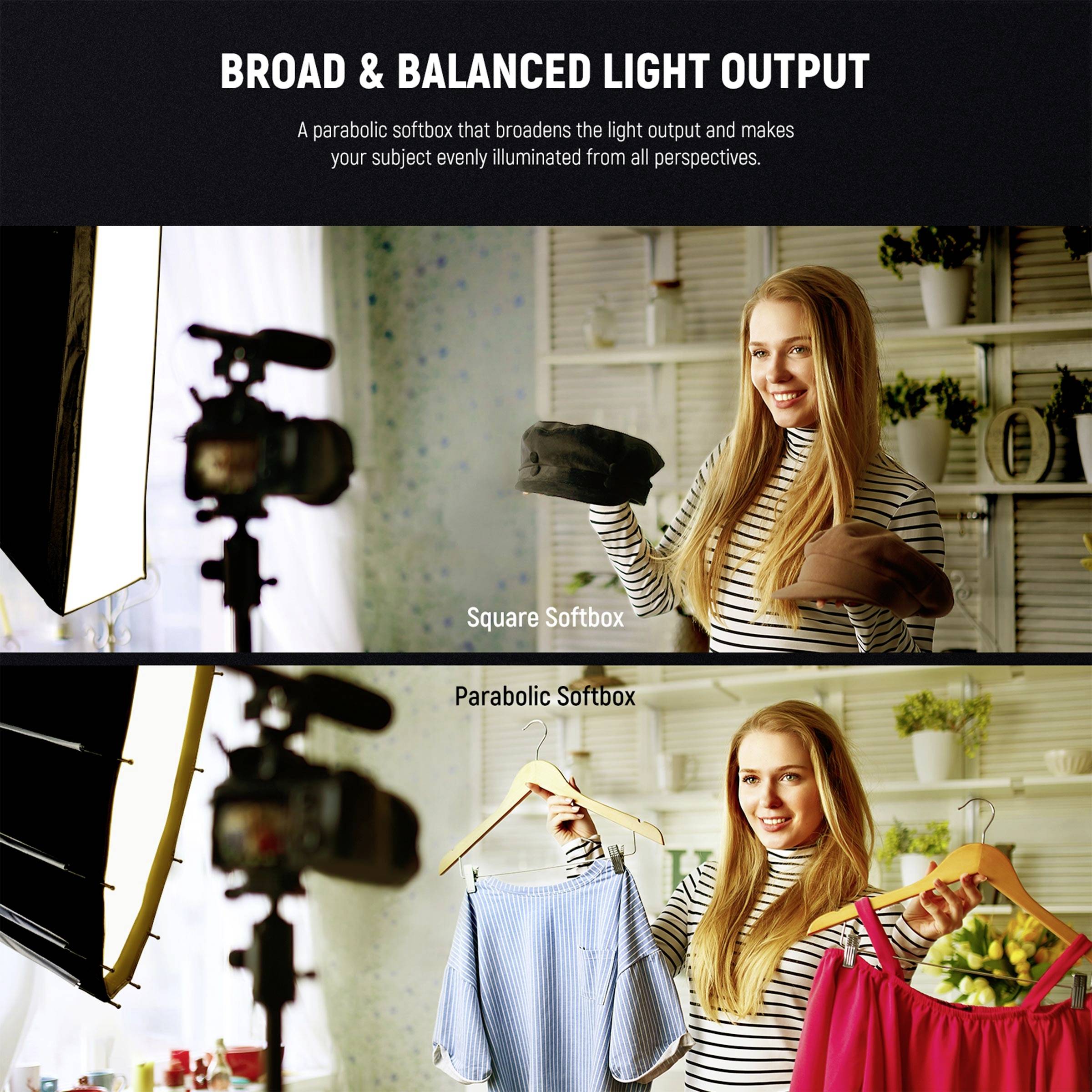 Nahoře: Žena drží před kamerou čtvercový difuzor, 'Čtvercový softbox'. Dole: Tatáž žena s parabolickým difuzorem, 'Parabolický softbox'.