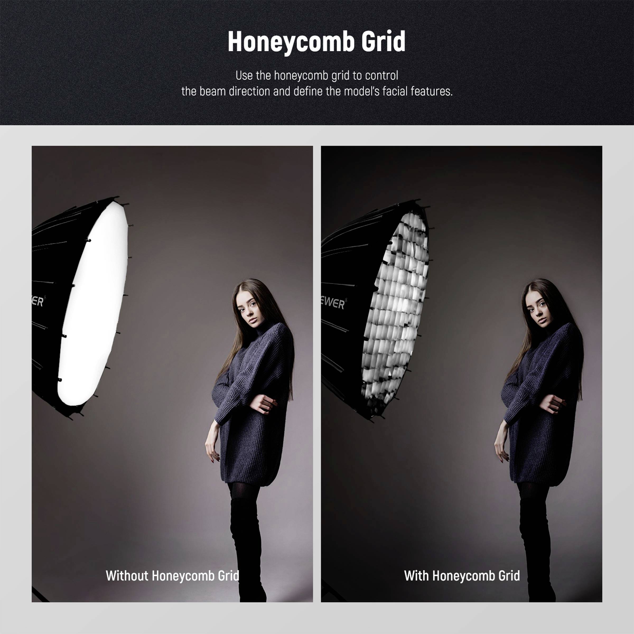 'Před-po fotografii ženy s měkkým světlem vlevo a přesně osvětleným obličejem vpravo díky honeycomb mřížce při studiové fotografii.'