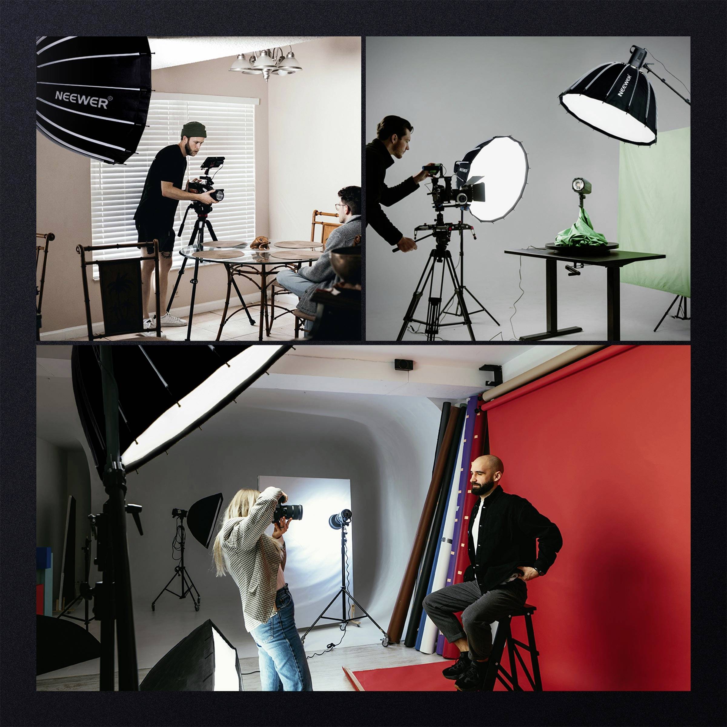 Tři fotografie z fotografických workshopů ve studiích. Vlevo nahoře: filmař s kamerou. Vpravo nahoře: osvětlovací zařízení. Dole: fotograf a modelka před červeným pozadím.