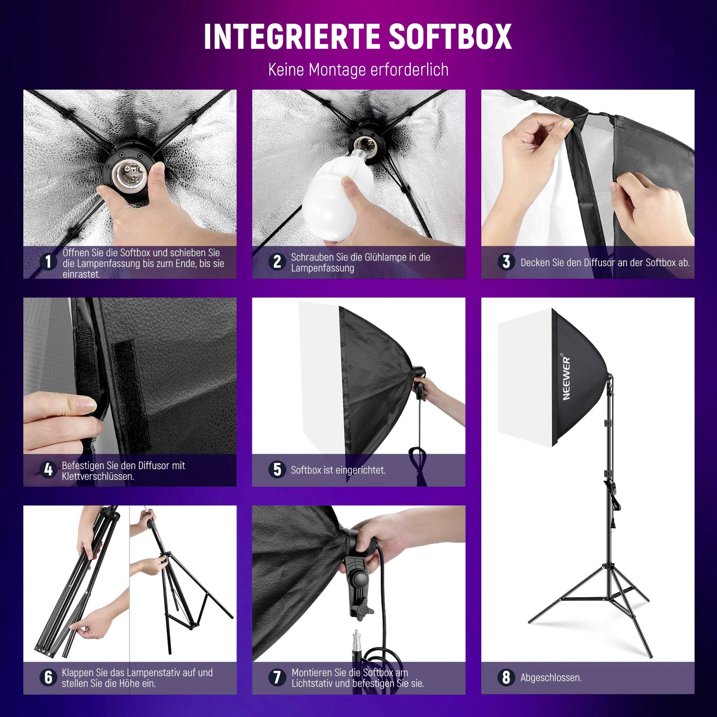Integrovaná softbox: Podrobný návod k montáži softboxu. Obsahuje osm kroků s obrázky, od rozložení až po sestavení stativu.