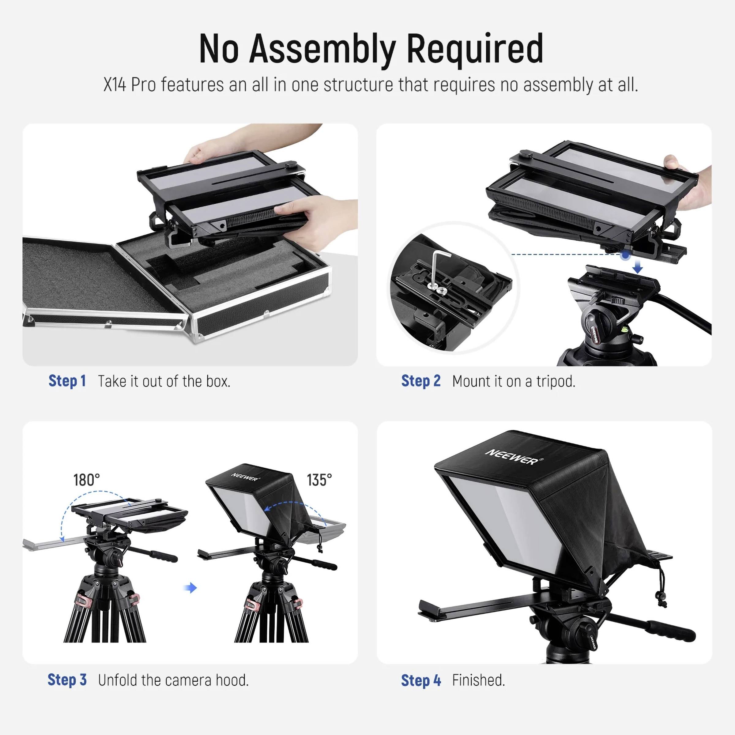 Návod ukazuje montáž kamerového krytu na stativu ve čtyřech krocích: rozbalení, připevnění, rozložení a dokončení.