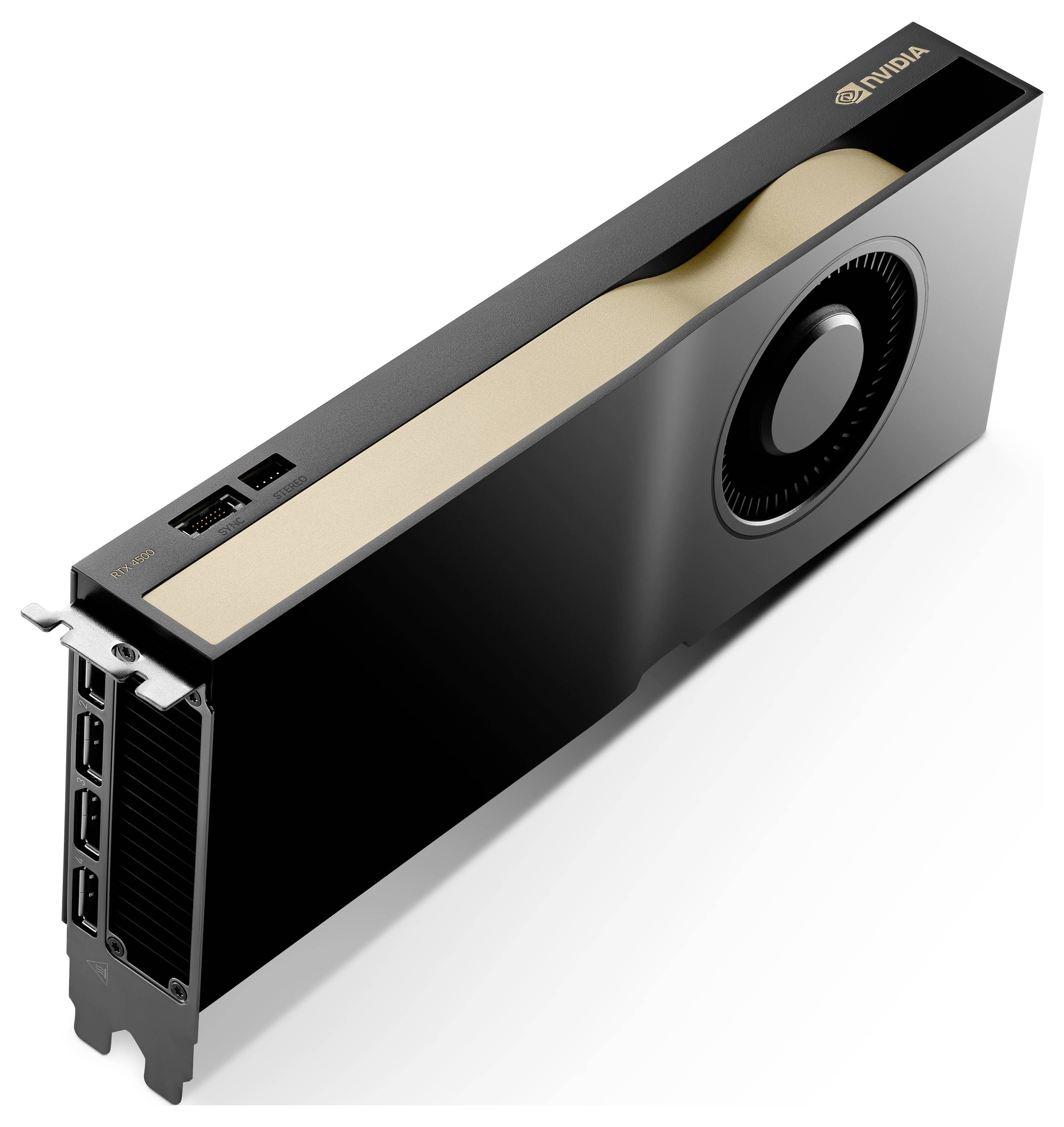 Černá grafická karta s ventilátorem a několika konektory, nesoucí logo Nvidia; vhodná pro výkonné počítačové aplikace.