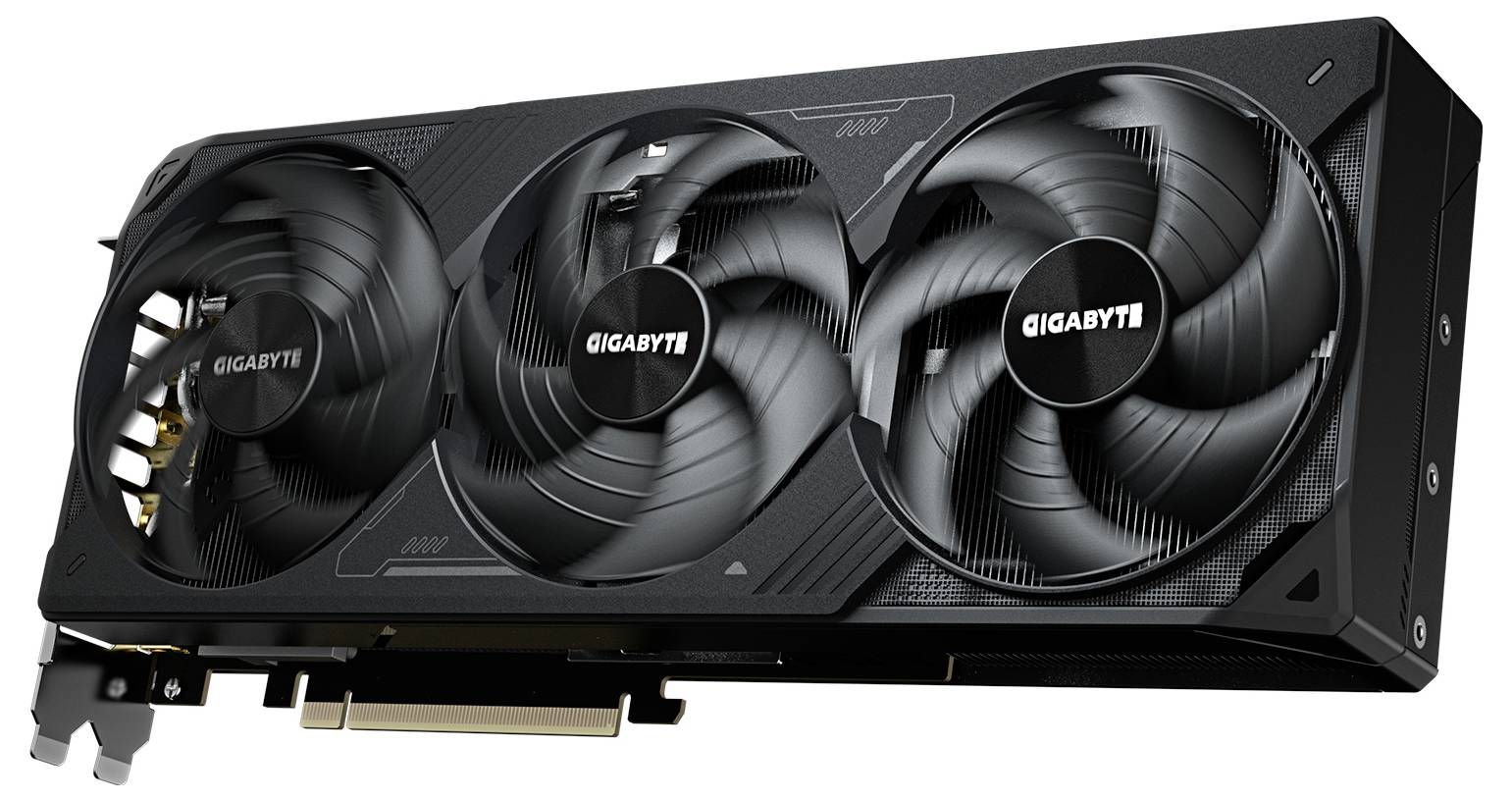 Černá grafická karta Gigabyte se třemi ventilátory, zobrazující chladicí prvky. Vhodná pro vysoce výkonné počítačové systémy a hraní her.