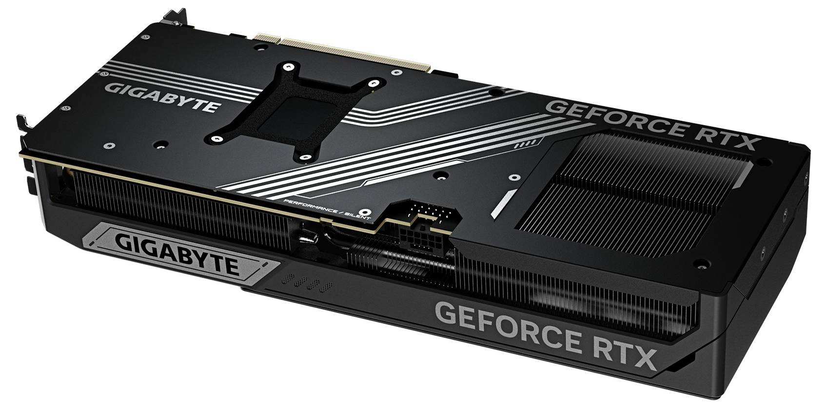 Grafická karta značky Gigabyte, model GeForce RTX. Černý design s bílými pruhy a viditelným uspořádáním ventilátorů.