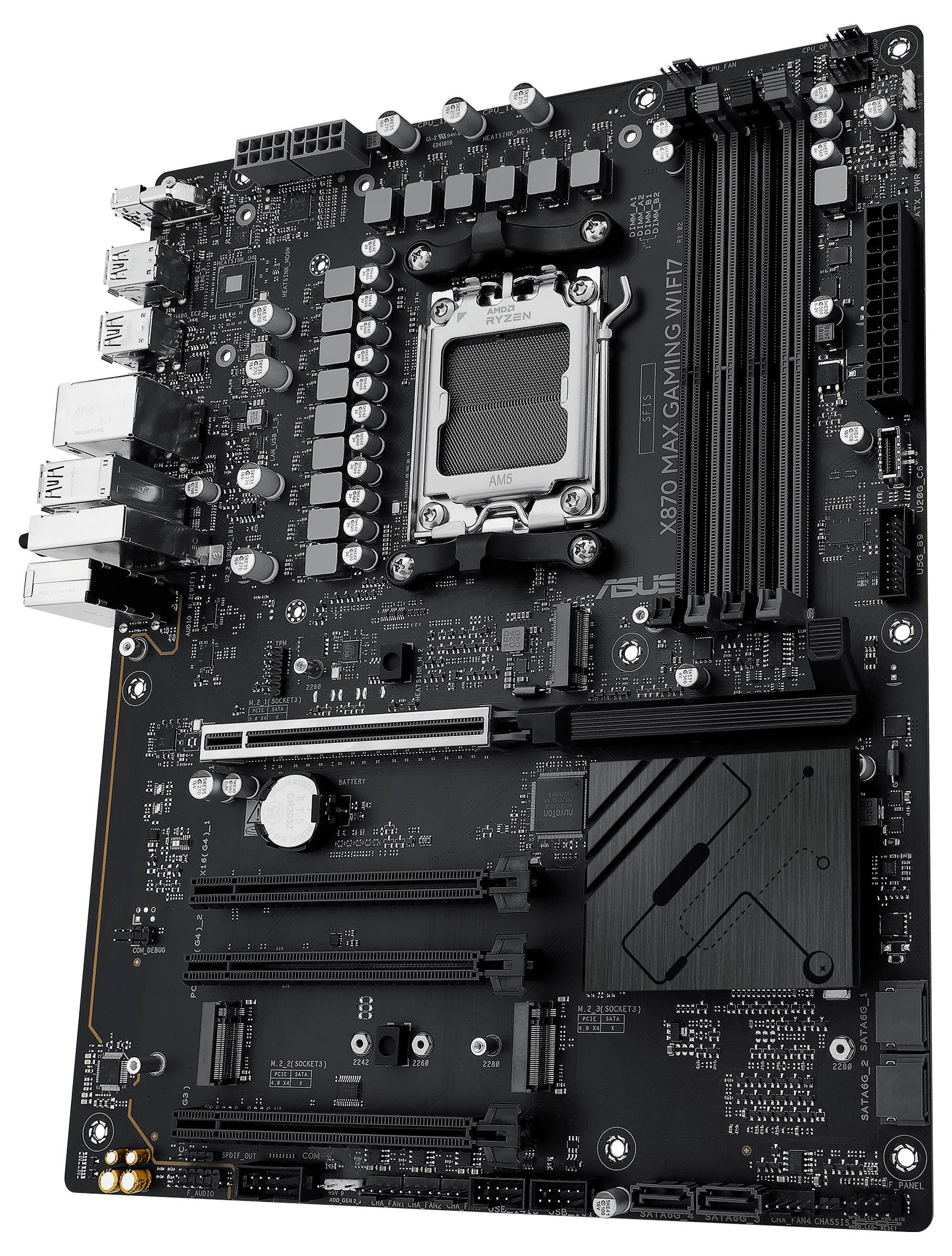 Počítačová základní deska s několika rozhraními a sloты pro RAM a CPU. Vhodná pro sestavení výkonného počítače.