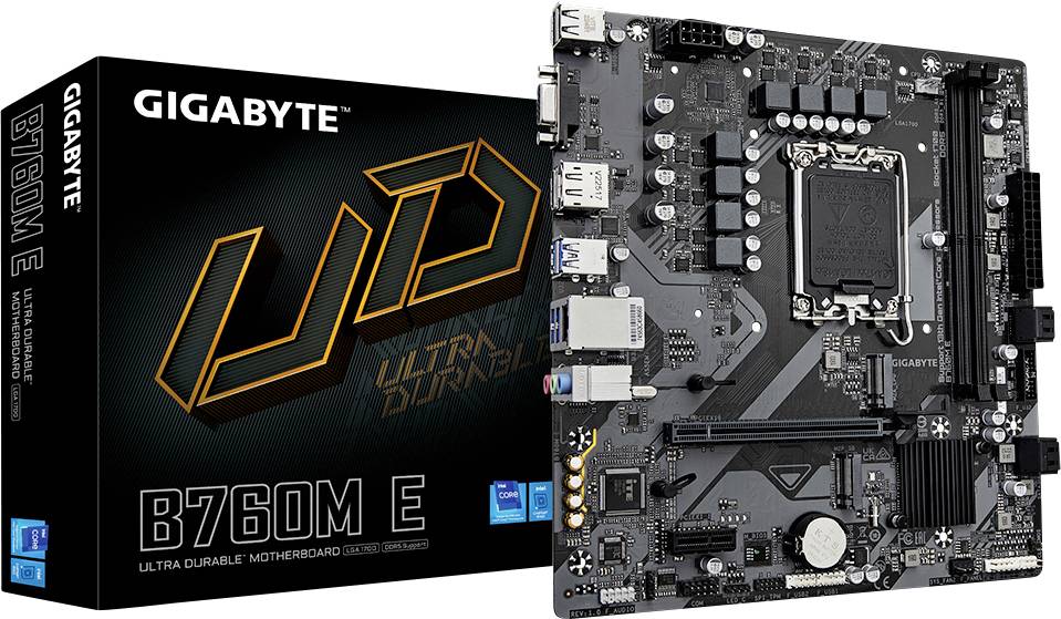 Základní deska Gigabyte B760M E vedle obalu, ukazující různé porty a komponenty na desce.