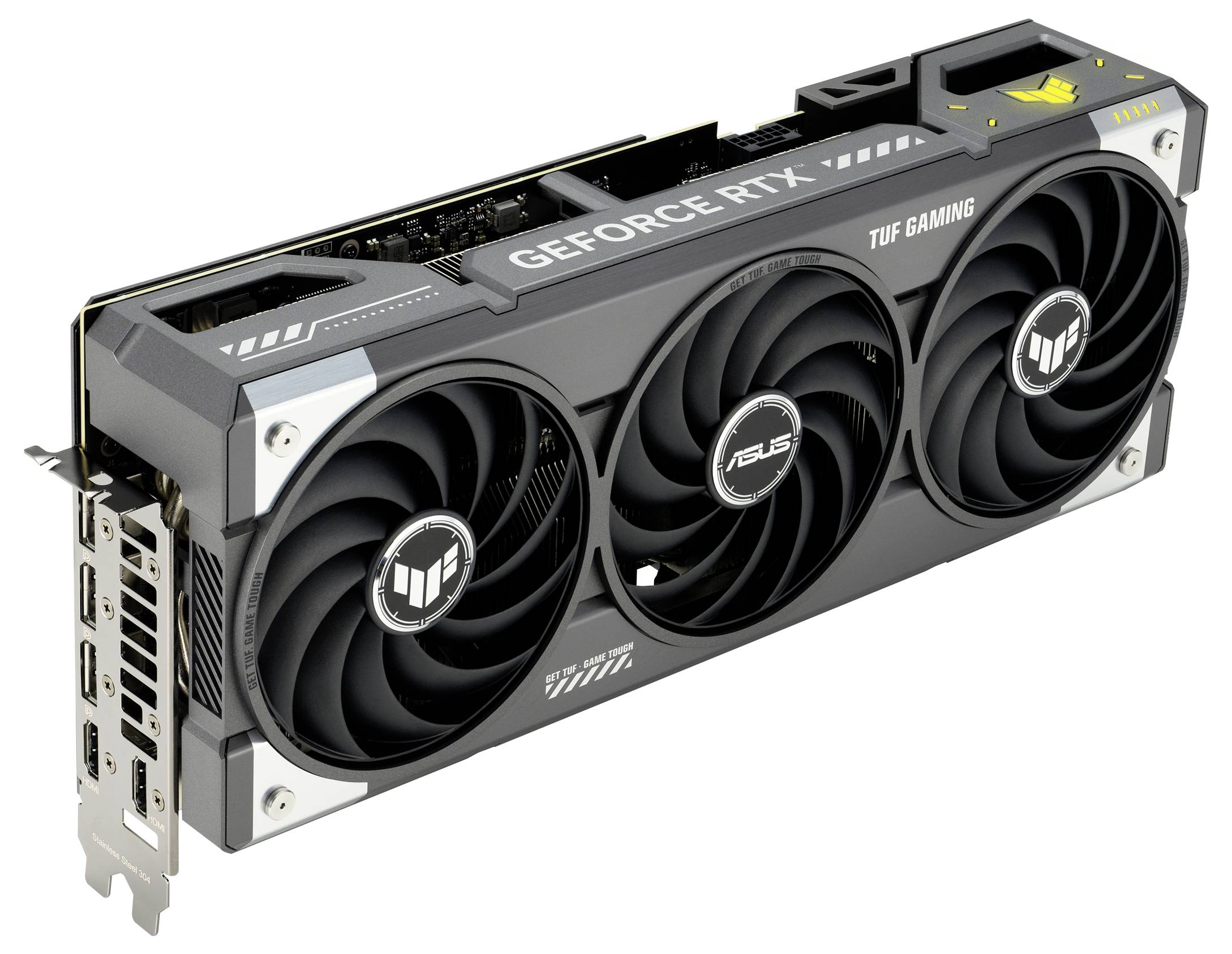 Grafická karta se třemi ventilátory, model 'GeForce RTX TUF Gaming' od společnosti ASUS, zobrazuje konektory HDMI a DisplayPort na straně.