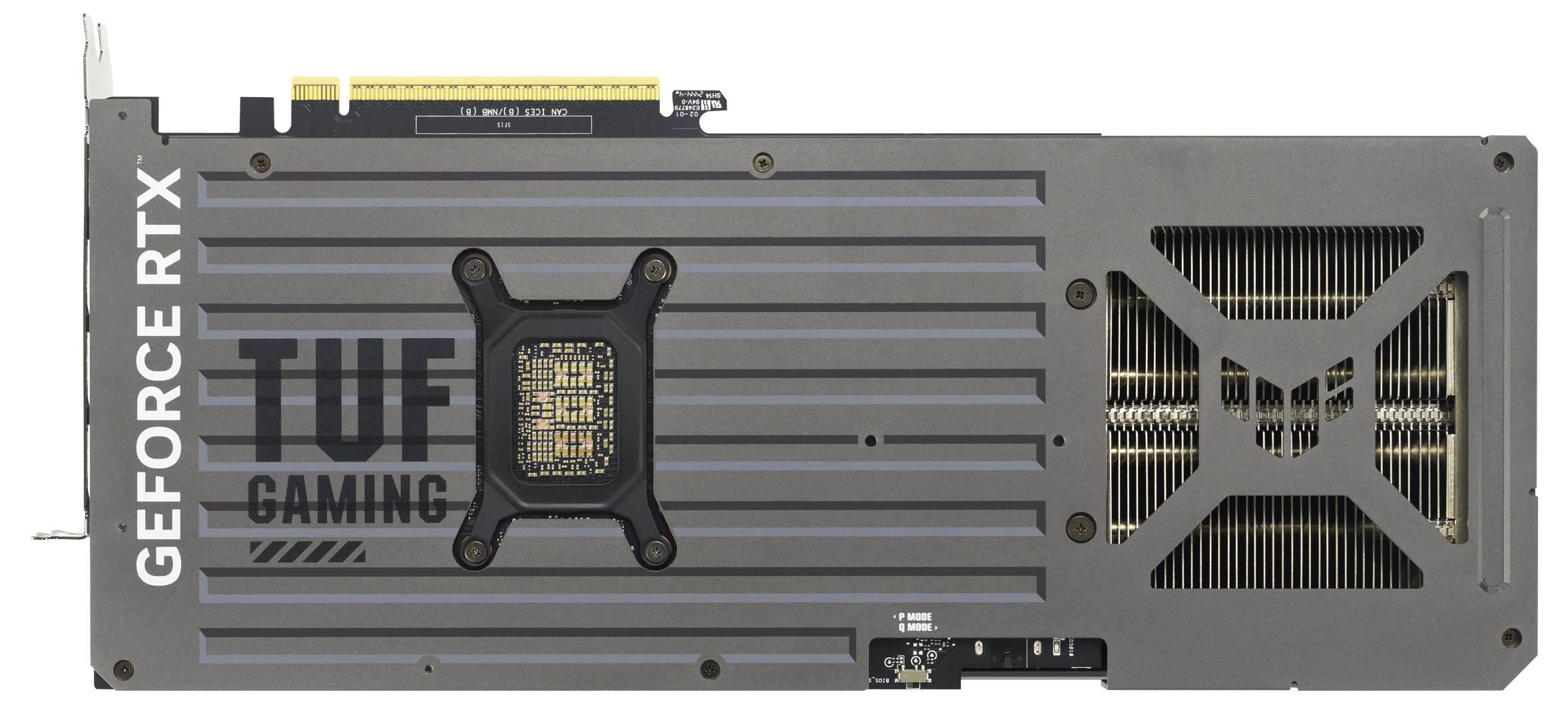 Zadní strana grafické karty GeForce RTX s nápisem 'TUF Gaming'. Jsou viditelné větrací štěrbiny a konektory.