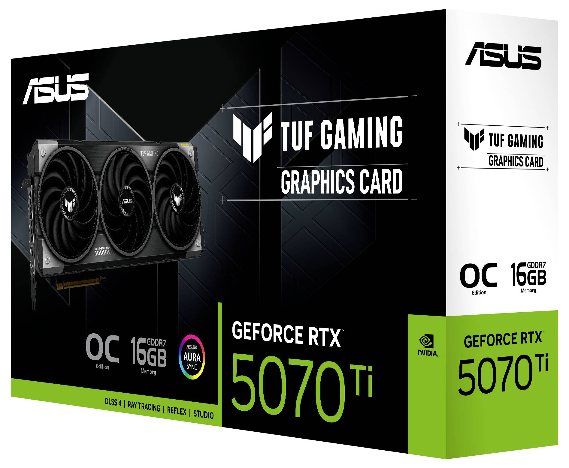 'ASUS TUF Gaming GeForce RTX 5070 Ti grafická karta, edice OC, 16 GB paměti. Obsahuje NVIDIA DLSS 3, ray tracing a studiové ovladače.'