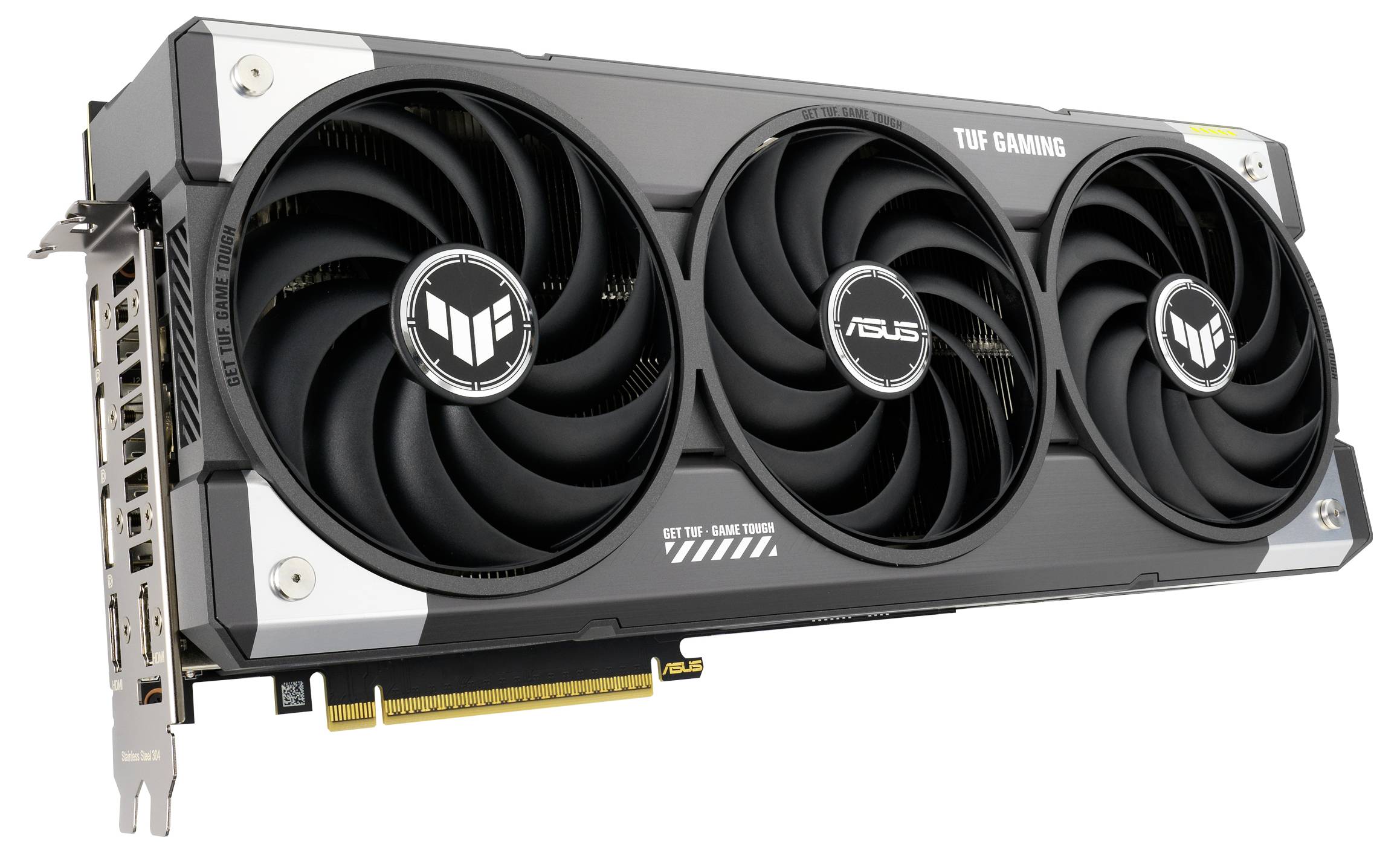 Grafická karta se třemi ventilátory a logem TUF Gaming. Je černá a stříbrná, s několika konektory po straně.