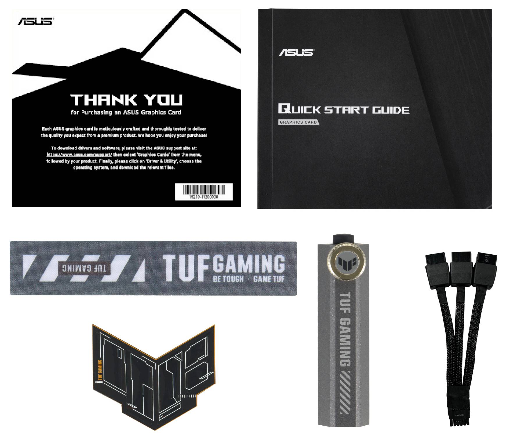 Obsah balení grafické karty ASUS: Průvodce rychlým startem, děkovná karta, samolepka TUF Gaming, kabely, držák.