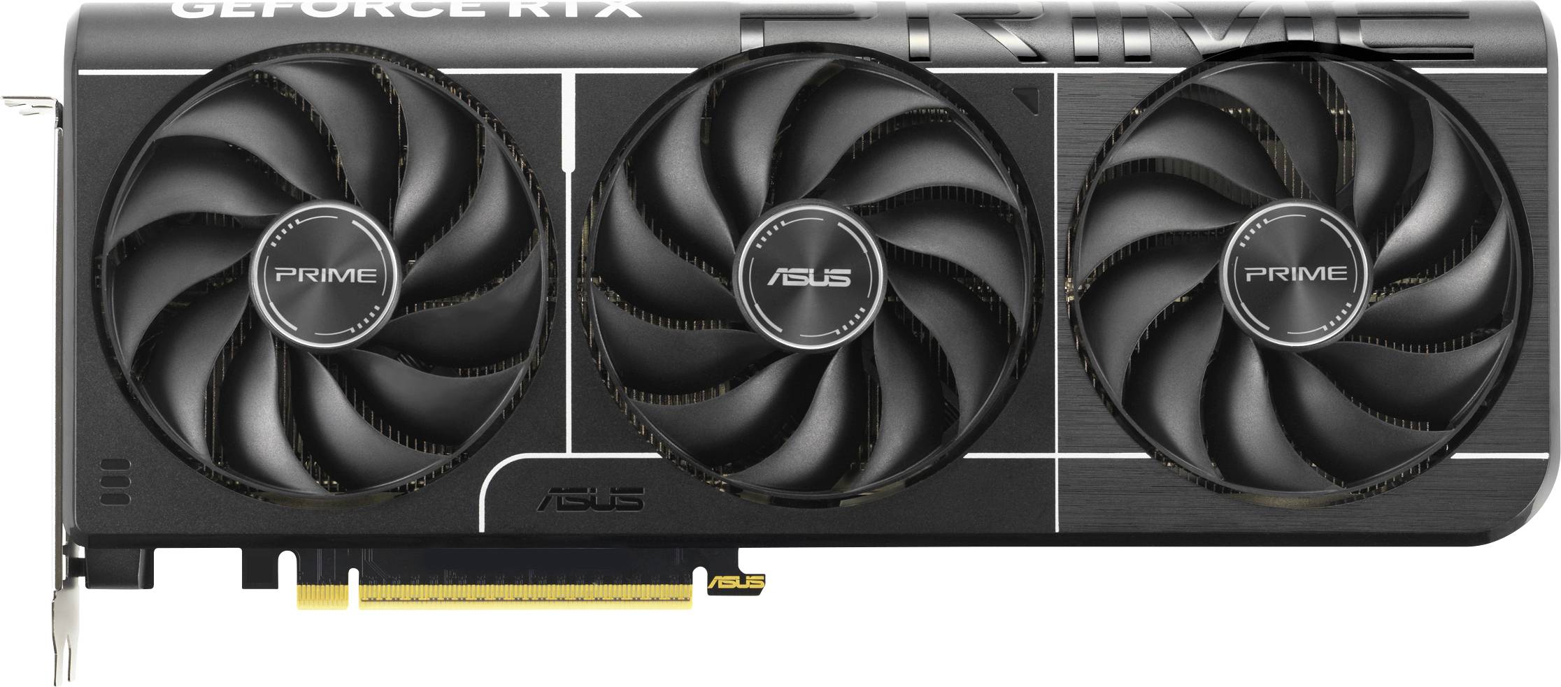 Grafická karta Asus GeForce RTX se třemi ventilátory a logem Prime na přední straně.