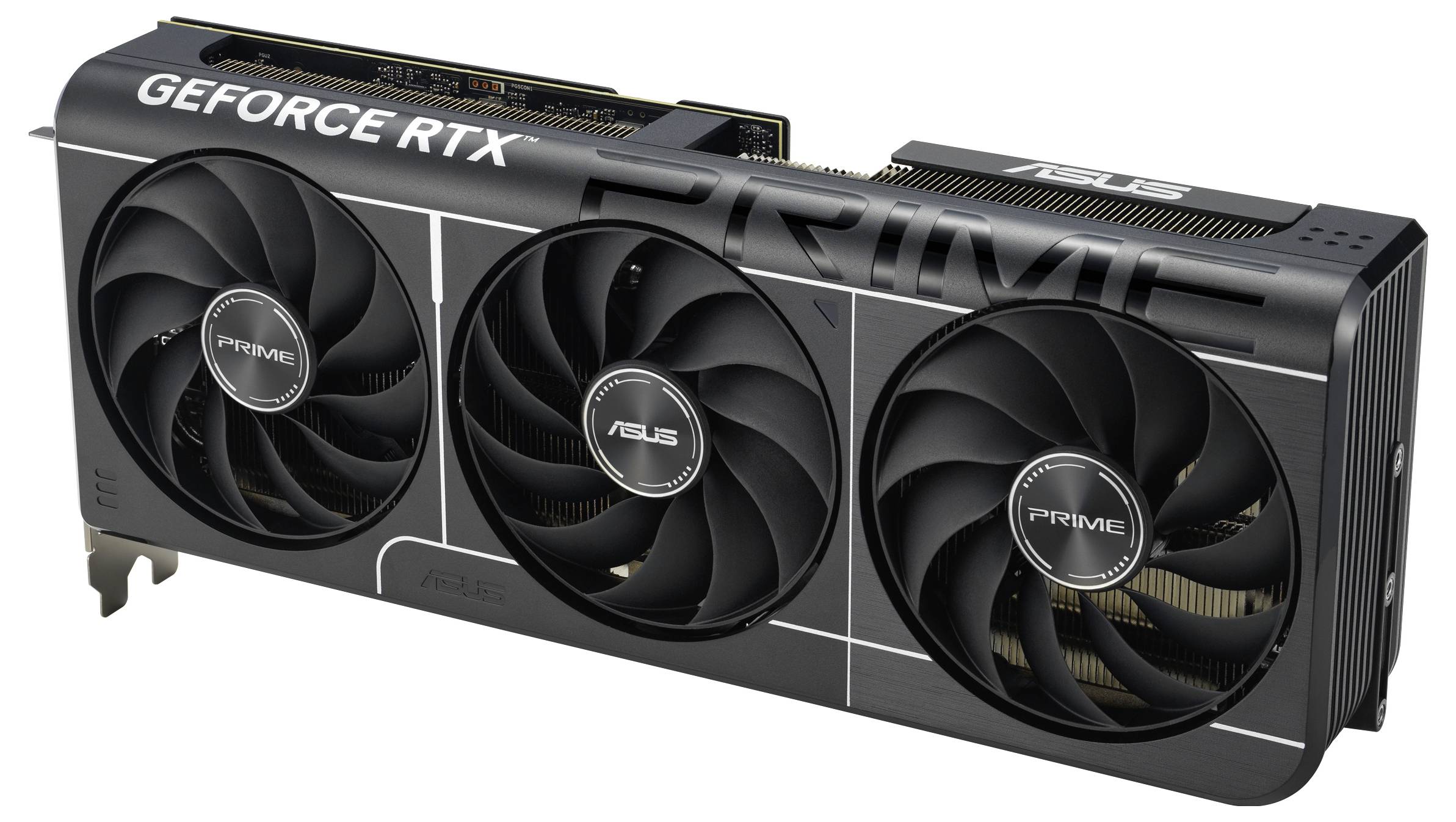 Grafická karta Asus Prime se třemi velkými ventilátory a nápisem 'GEFORCE RTX'; design určený pro vysoce výkonné počítačové systémy.