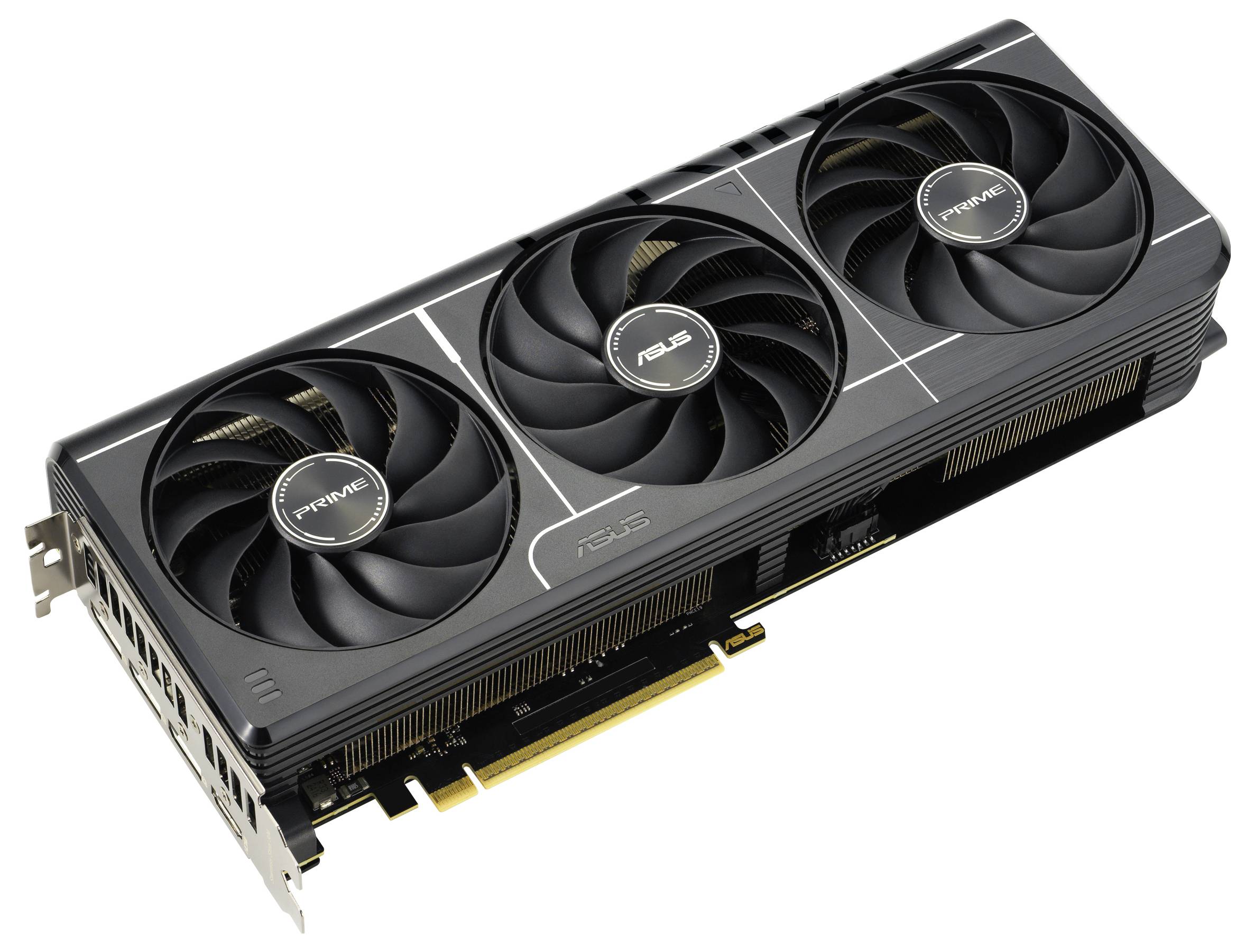 Grafická karta se třemi ventilátory, černým tělem a zlatým konektorem. Označená logem 'ASUS'.