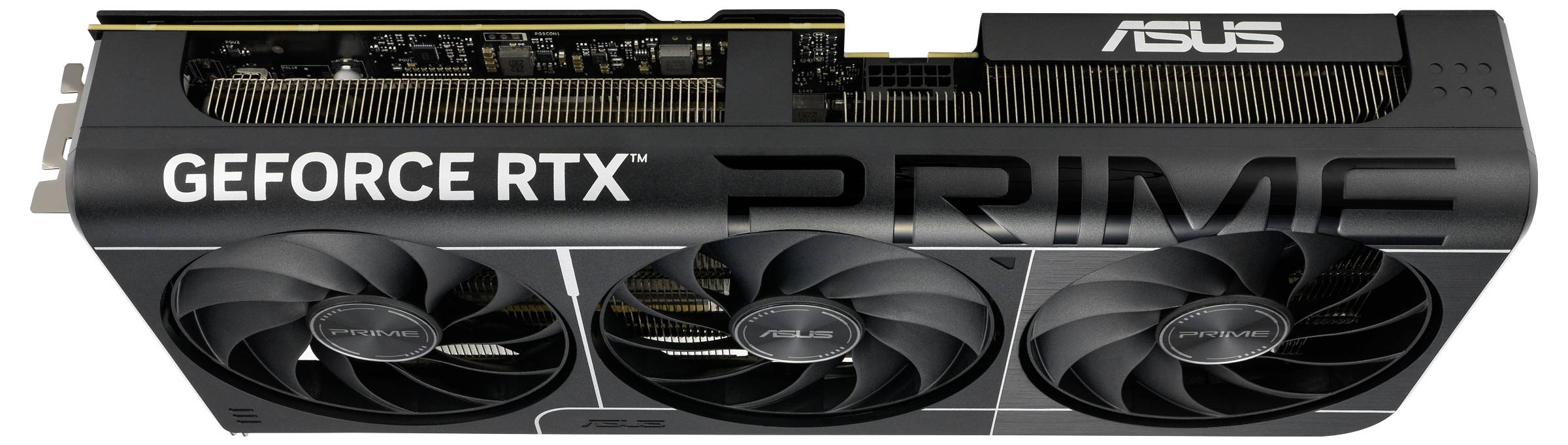 Černá grafická karta s nápisem 'GEFORCE RTX' a třemi ventilátory. Jsou viditelné obchodní značky a technické prvky.