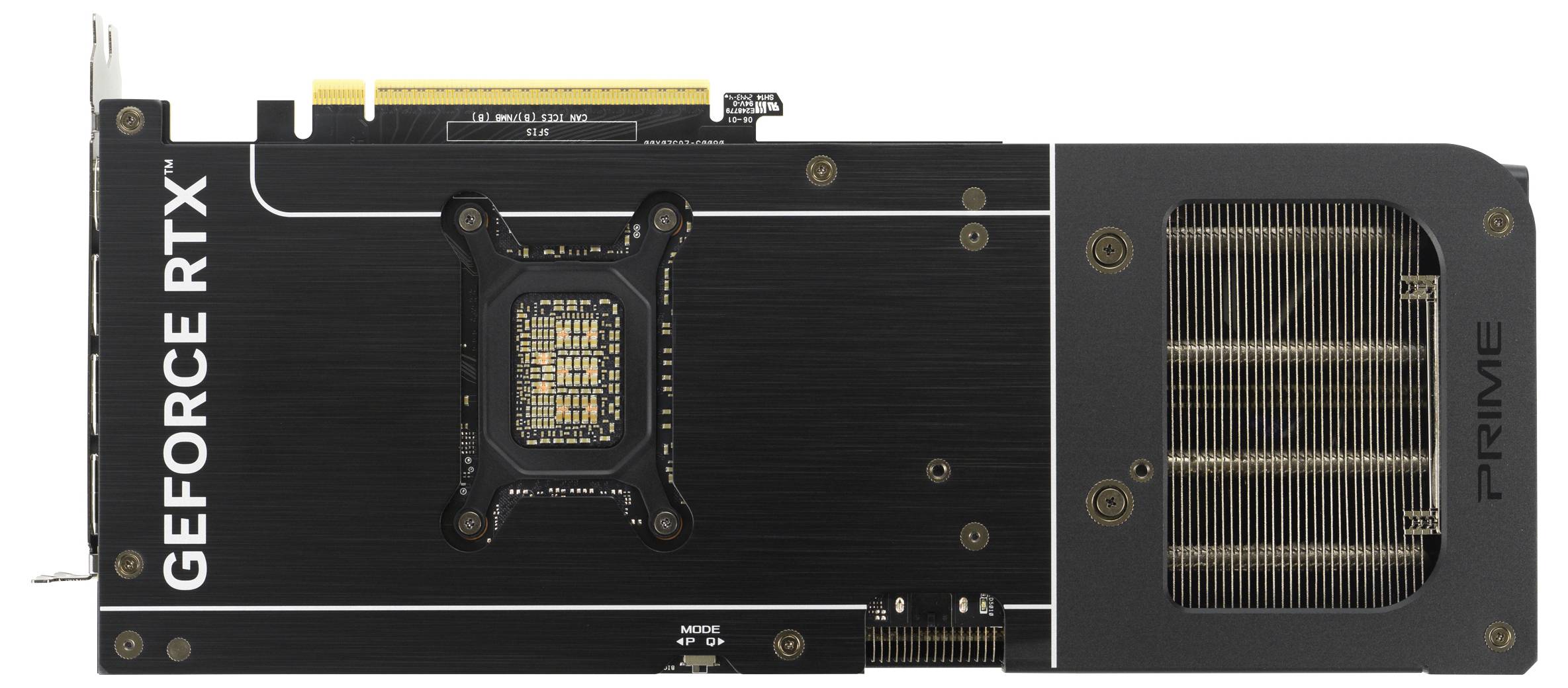 Černá grafická karta s nápisem 'GEFORCE RTX' a značkou 'PRIME', pohled zezadu s viditelnou chladicí strukturou.