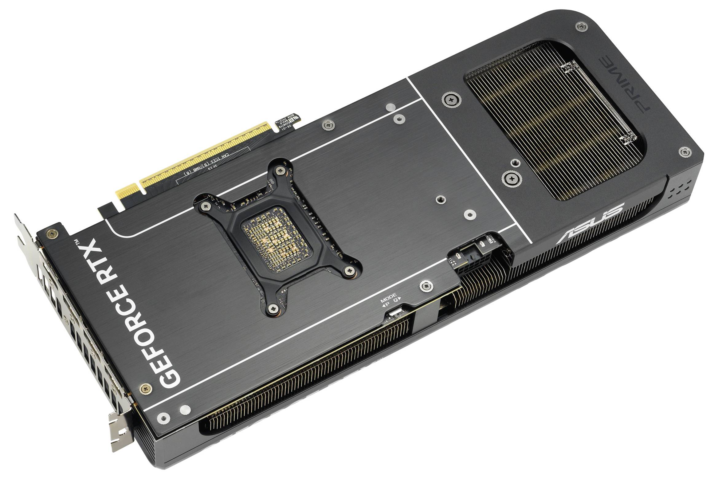 Grafická karta ASUS GeForce RTX s černým kovovým pouzdrem, viditelnými chladicími žebry a připojovací lištou nahoře.