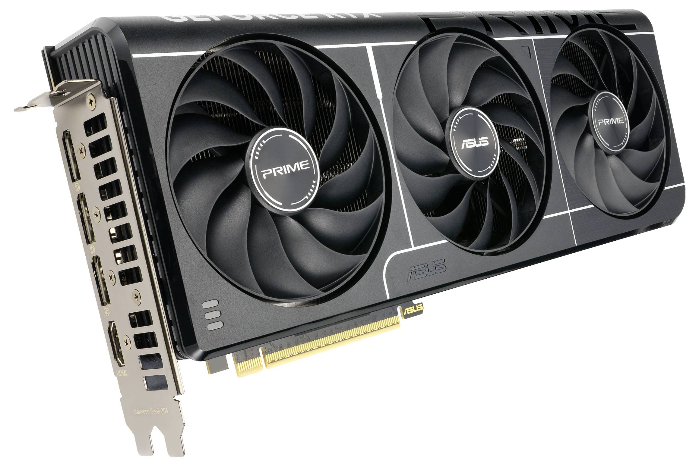 Grafická karta se třemi ventilátory. Označení modelu 'PRIME ASUS'. Připojovací porty viditelné z boku.