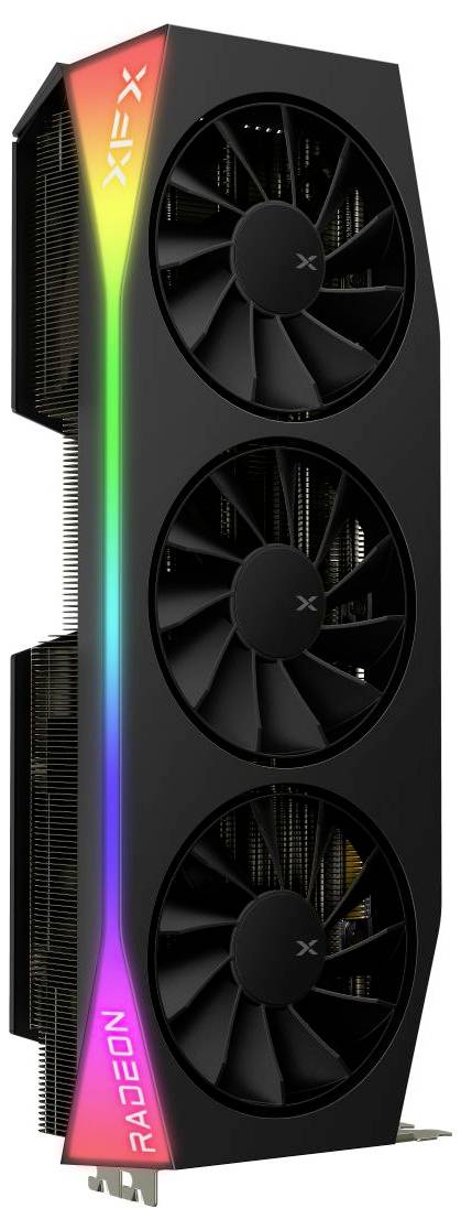 Grafická karta se třemi chladicími ventilátory a LED páskem s duhovou barvou podél strany, na kterém je zobrazeno 'XFX' a 'RADEON'.