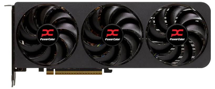 Grafická karta se třemi chladicími ventilátory označenými 'PowerColor', vybavená PCIe konektorem, určená pro zlepšení grafického výkonu počítače.