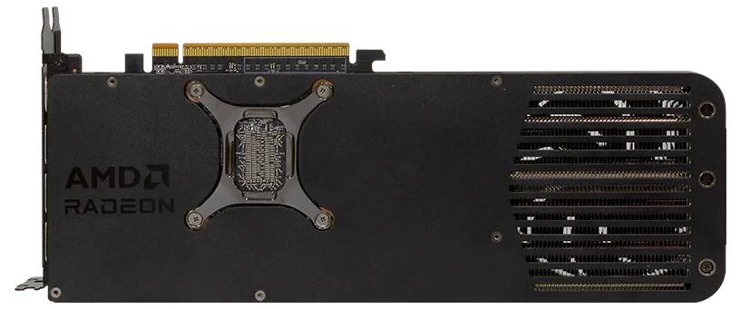 Grafická karta 'AMD RADEON' zobrazující design zadní desky a větrací otvory, s konektorem PCIe na okraji.