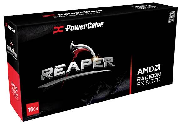 Krabice grafické karty PowerColor Radeon RX 9070 zobrazující logo 'Reaper' a firemní značení. Disponuje pamětí o velikosti 16 GB.