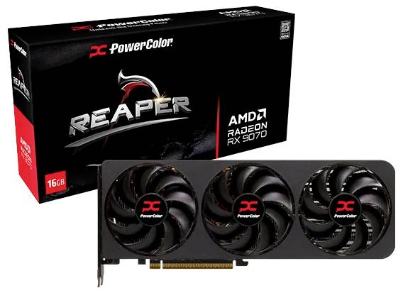 Grafická karta PowerColor AMD Radeon RX 7900 Reaper GPU se třemi chladicími ventilátory vedle maloobchodní krabice s názvem produktu a štítkem s označením 16 GB.