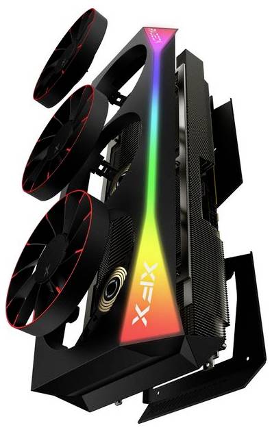 Grafická karta se třemi chladicími ventilátory a RGB podsvícením, která zobrazuje duhový barevný efekt, s logem 'XFX' na boku.