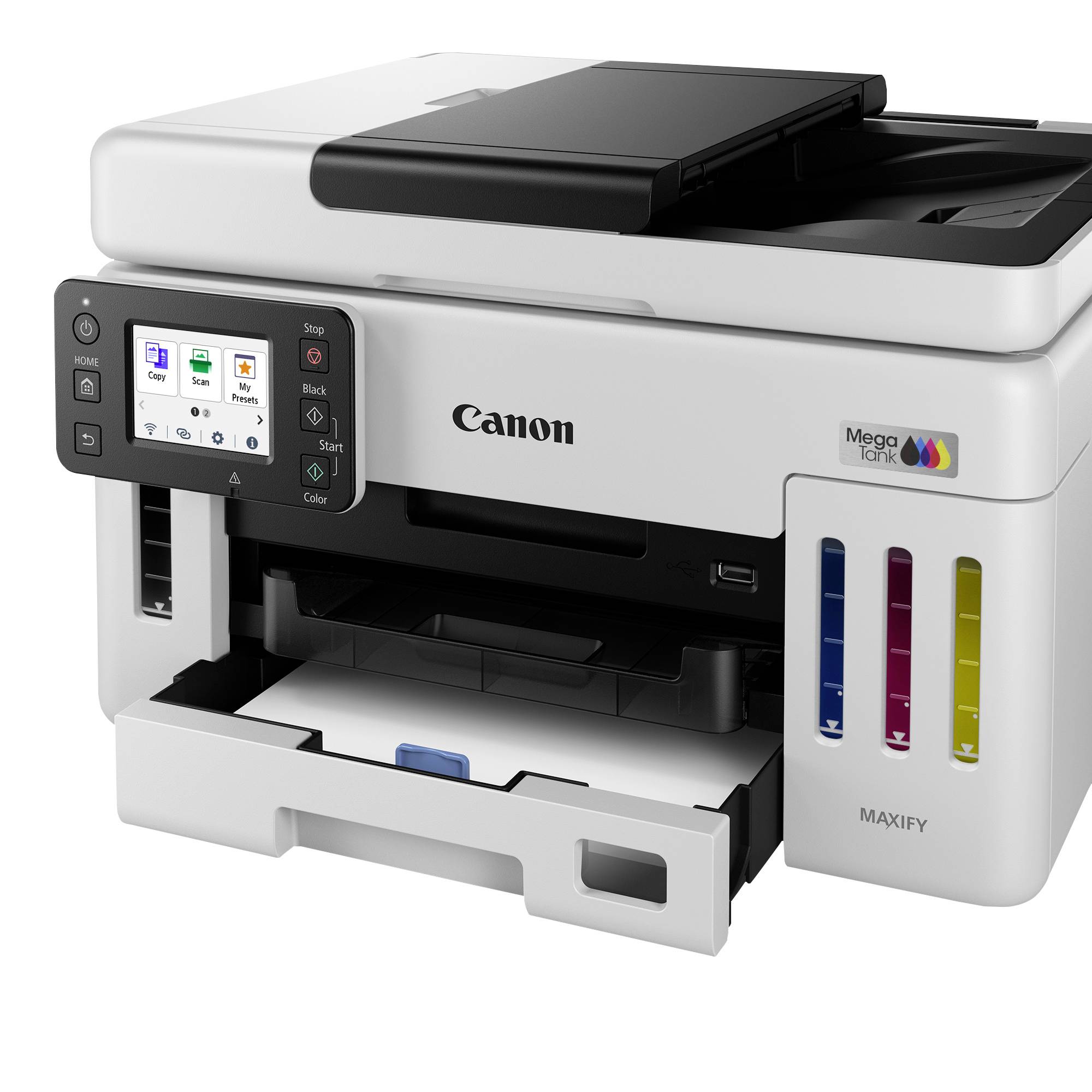 Bílá inkoustová tiskárna Canon s indikátorem stavu inkoustových cartridgí a ovládacím panelem na přední straně, vhodná pro kancelářské nebo domácí použití.