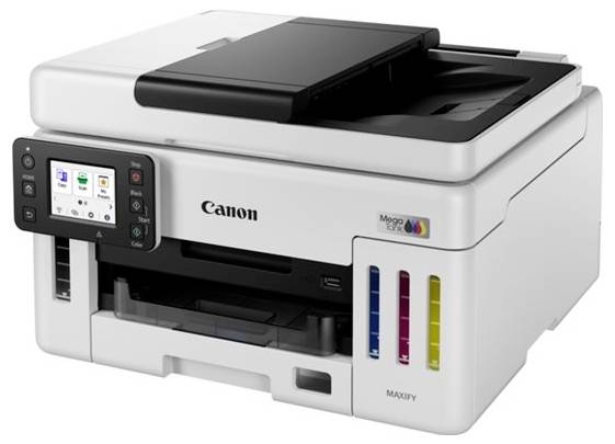 Multifunkční tiskárna Canon, model MegaTank Maxify GX7050, s dotykovým ovládacím panelem a průhlednými okénky pro kontrolu stavu inkoustu.