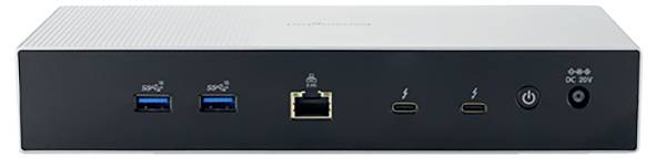 Černá dokovací stanice s různými porty: dva USB 3.0 porty, jeden ethernetový port, dva Thunderbolt porty a síťový vypínač.
