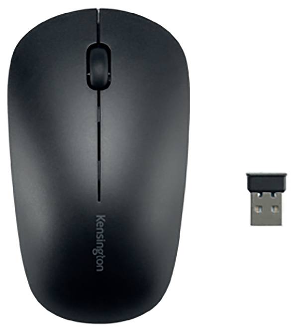 Černá bezdrátová počítačová myš s USB přijímačem vedle ní, vhodná pro stolní počítače nebo notebooky.