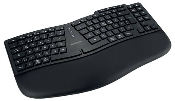 Ergonomická černá klávesnice s děleným designem a opěrkou zápěstí, vhodná pro pohodlné psaní.
