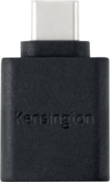 Černý USB-C adaptér s nápisem 'Kensington', pohled shora.