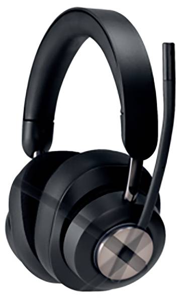 Černá over-ear sluchátka s polstrovaným obloukem a mikrofonem, vhodná pro gaming nebo videokonference.