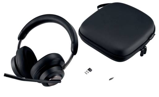 Bezdrátová sluchátka s mikrofonem, USB adaptérem a černou přepravní taškou na bílém pozadí. Ideální pro mobilní práci.