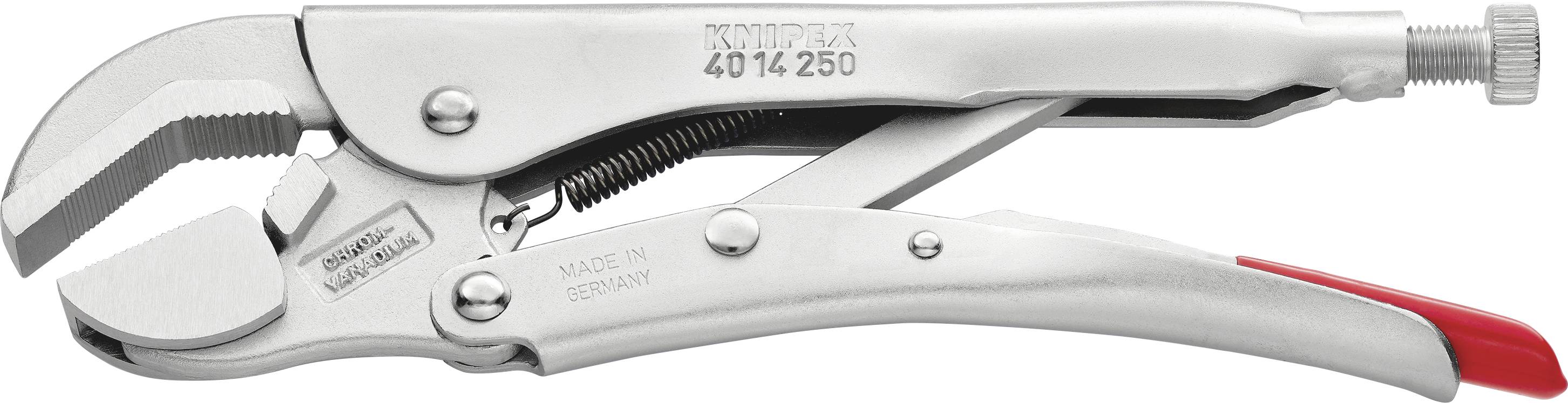 Kleštěpáka Knipex z oceli, stříbrné barvy, s nastavitelnými čelistmi a aretačním mechanismem, zobrazený z boku.