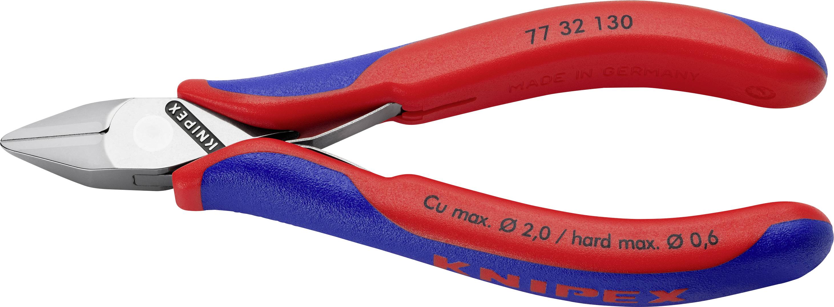 Štípací kleště s červenými a modrými rukojeťmi, označené značkou 'Knipex'. Vhodné pro řezání měděných a tvrdých drátů.