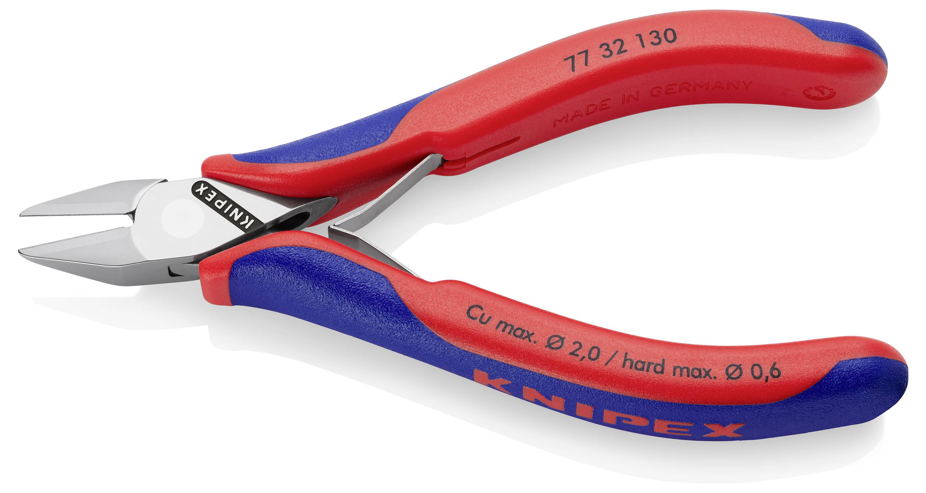 Štípací kleště značky 'KNIPEX' s červeno-modrým kovovým držadlem, na němž jsou viditelné technické specifikace.