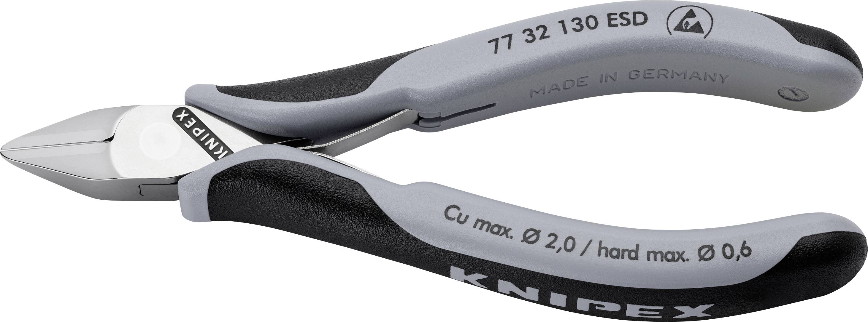 Boční štípací kleště s černou a šedou rukojetí, s nápisem 'Knipex', vhodné pro měděné dráty do 2,0 mm a tvrdé dráty do 0,6 mm.