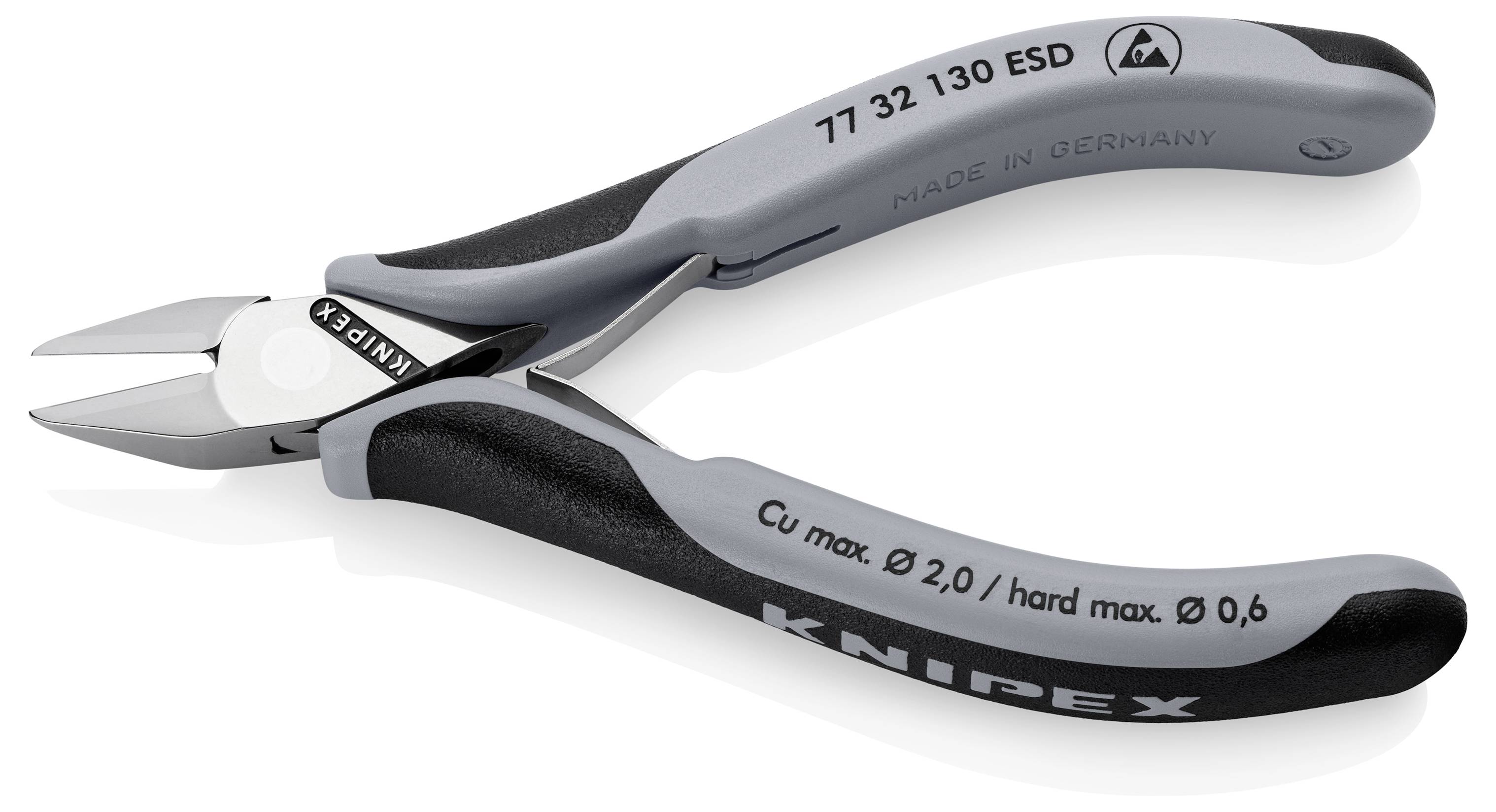 KNIPEX boční štípací kleště s ESD ochranou pro přesné stříhání drátů, maximální průměr 2,0 mm, vyrobeno v Německu.