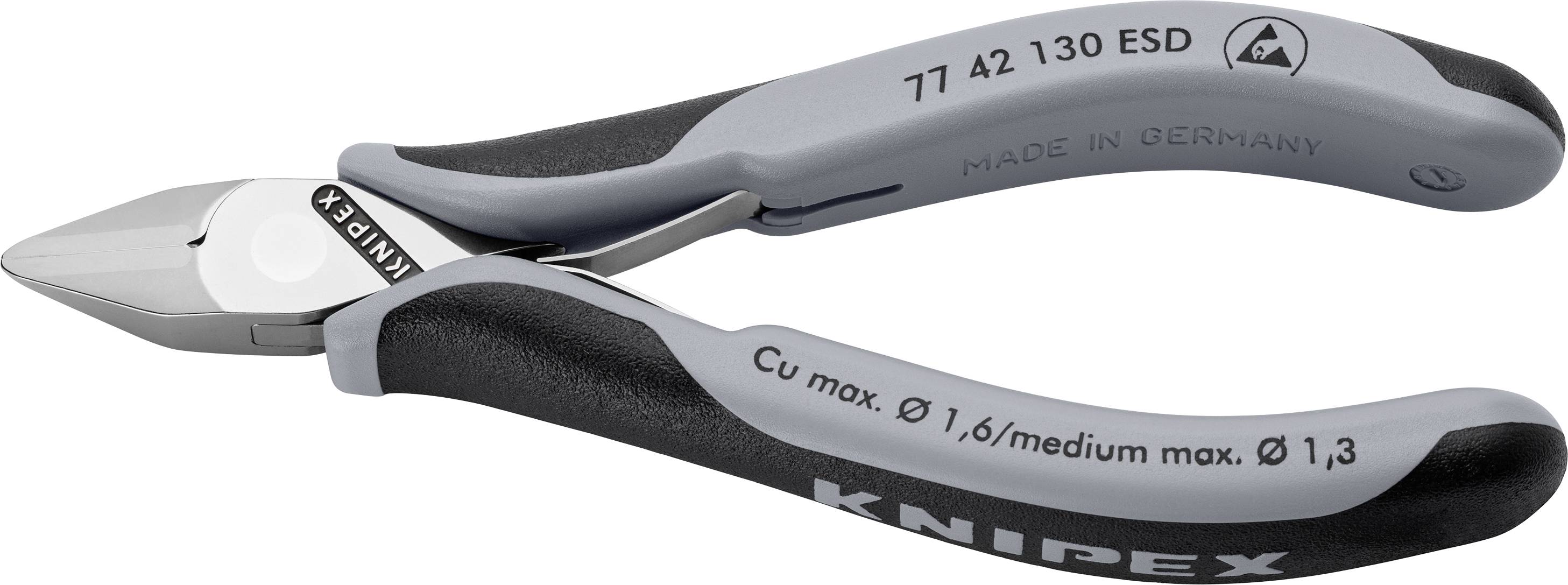 Boční štípací kleště s černou rukojetí a nápisem 'Knipex', vhodné pro jemné řezací práce.