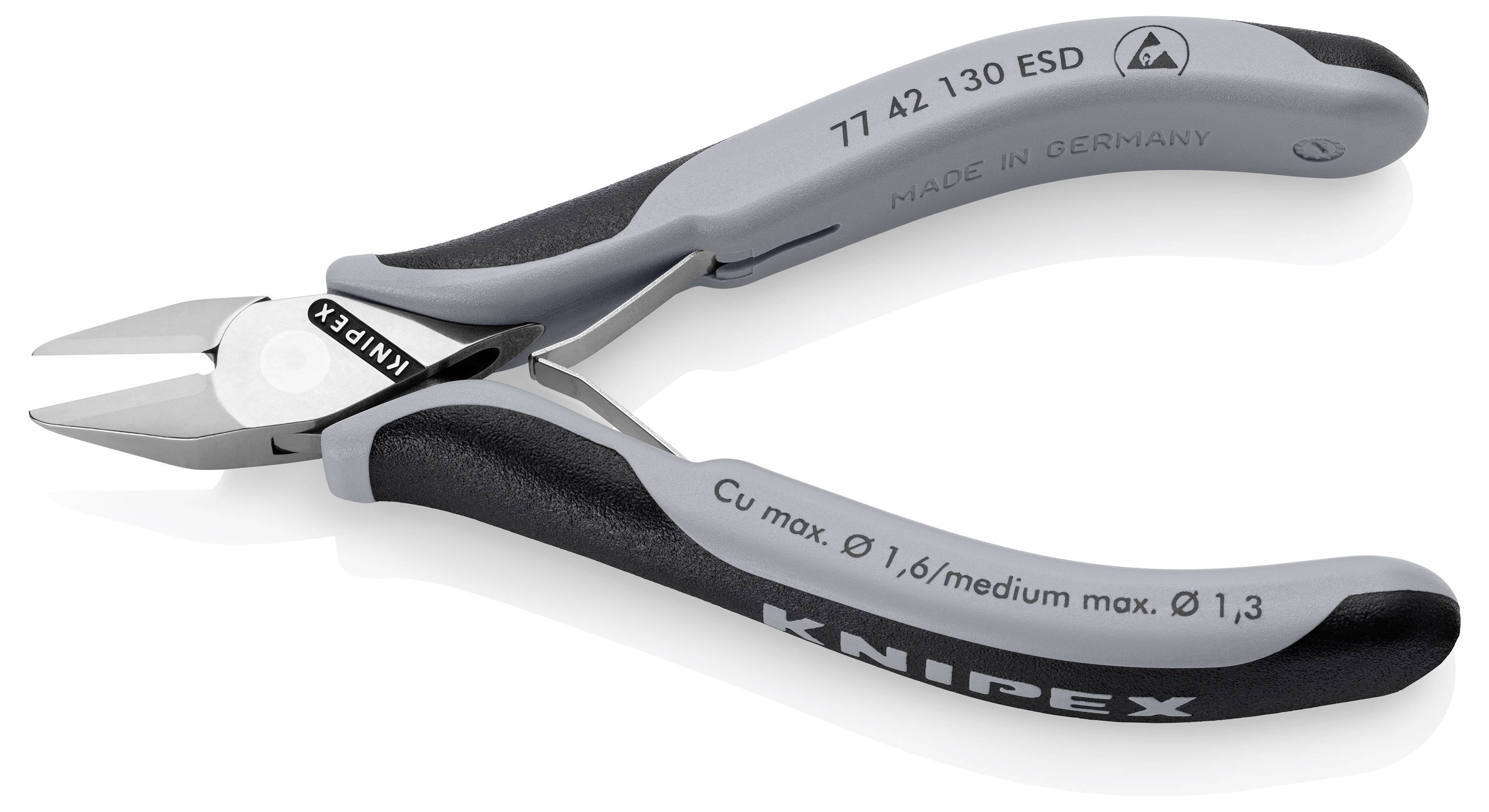 Boční štípací kleště s šedým držadlem, nápis 'Knipex'. Vhodné pro měděné dráty až do průměru 1,6 mm. Vyrobeno v Německu.