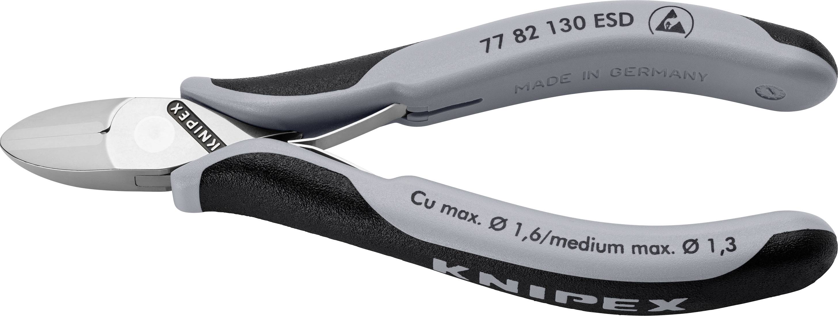 Šedé a černé elektronické štípací kleště značky 'KNIPEX'. Vhodné pro dráty o průměru až 1,6 mm.