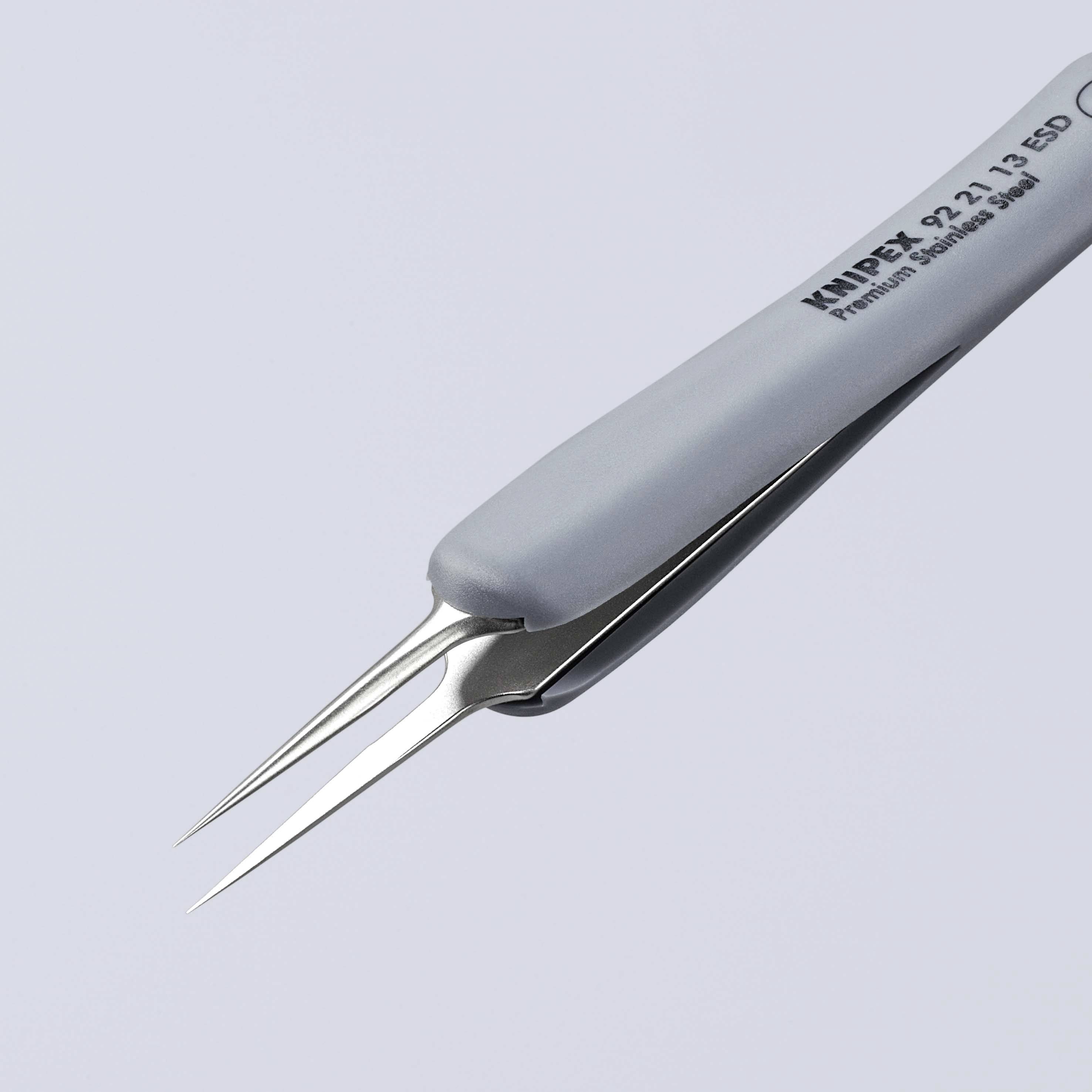 Šedá, přesná pinzeta s jemnými hroty, vhodná pro jemné rukodělné práce nebo opravy elektroniky.