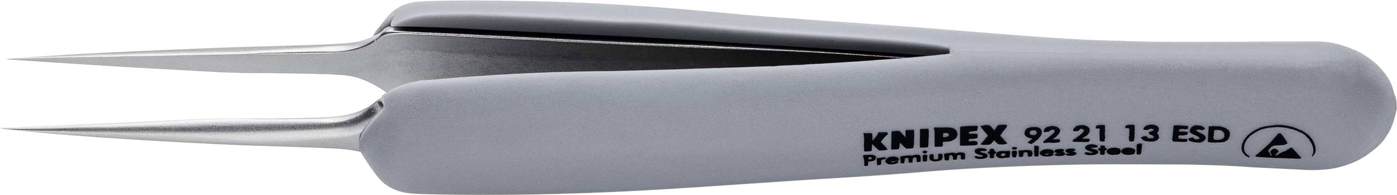 Šedá pinzeta KNIPEX s jemnými hroty. Nápis: 'KNIPEX 92 21 13 ESD Premium Nerezová ocel'. Vhodná pro přesné práce.